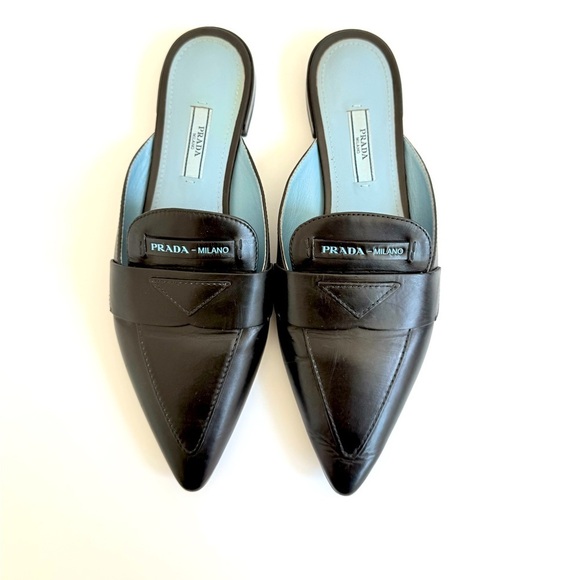 Prada Black leather triangle logo slip on slide loafer mules EU 39 - Picture 1 of 11